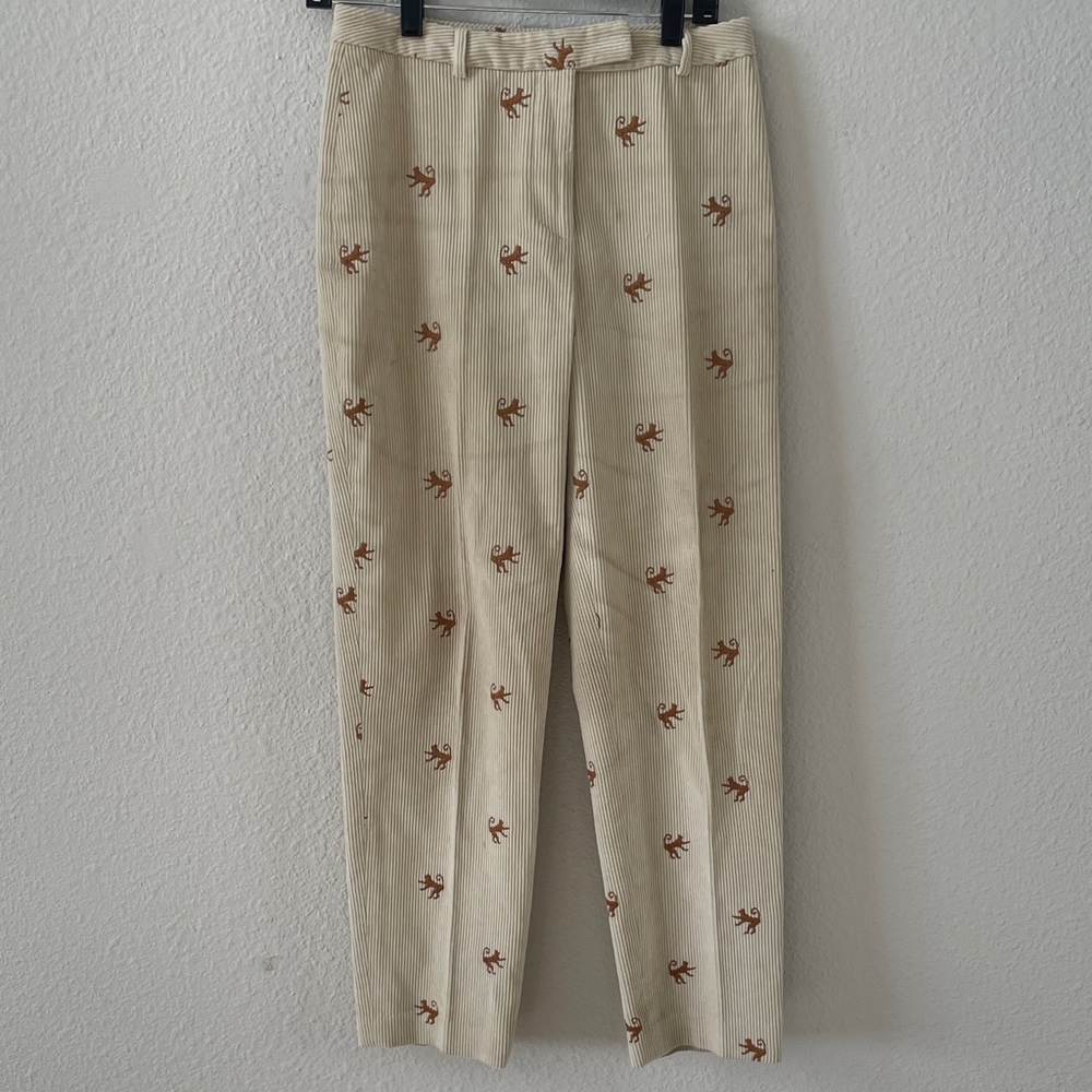 Vintage J. McLaughlin Cream Corduroy Pants Brown Embroidered Monkeys Size 6
